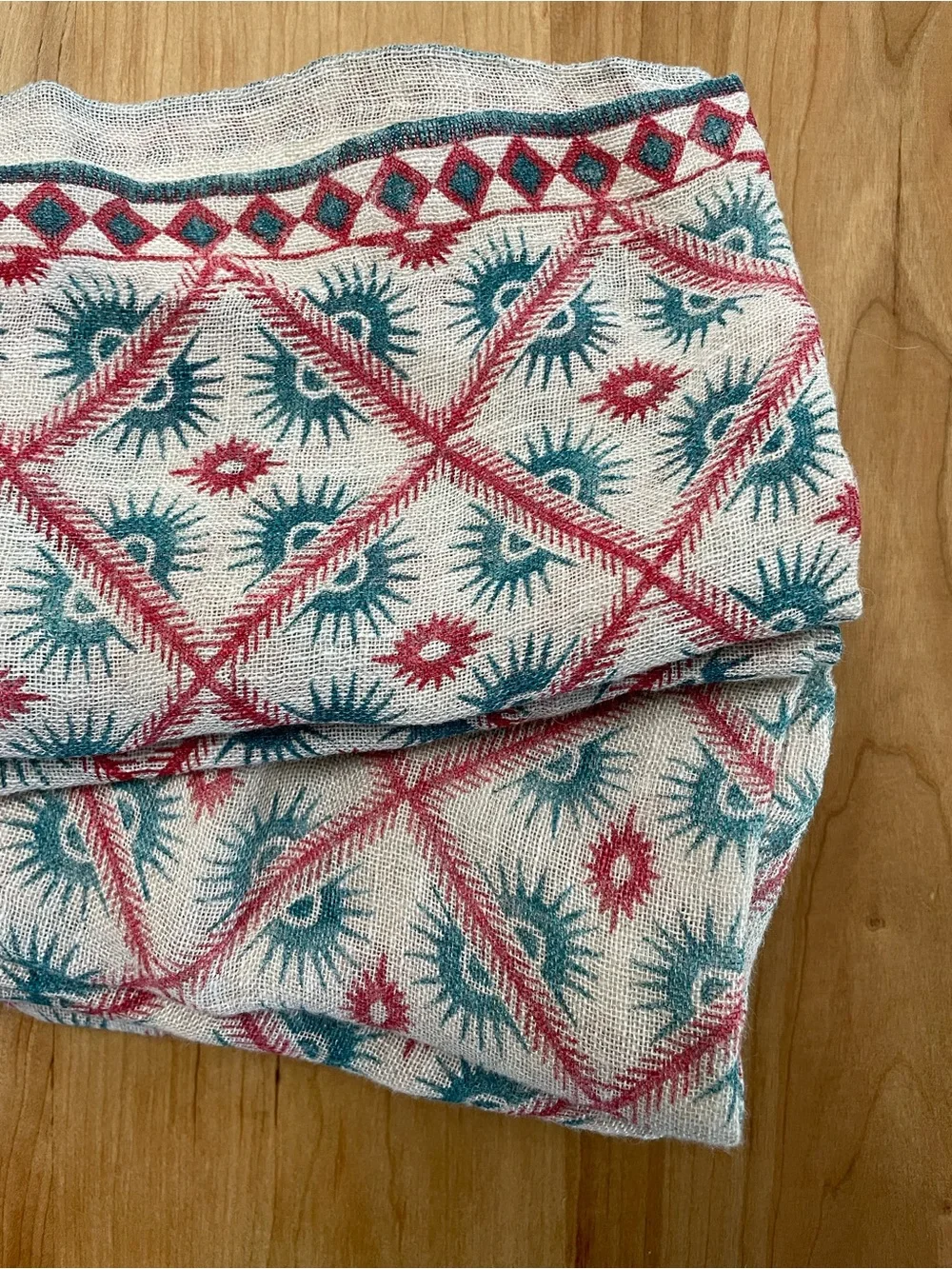 Crate And Barrel Linen Napkins Set of 6 Red Teal Hand Geometric Trellis Design
